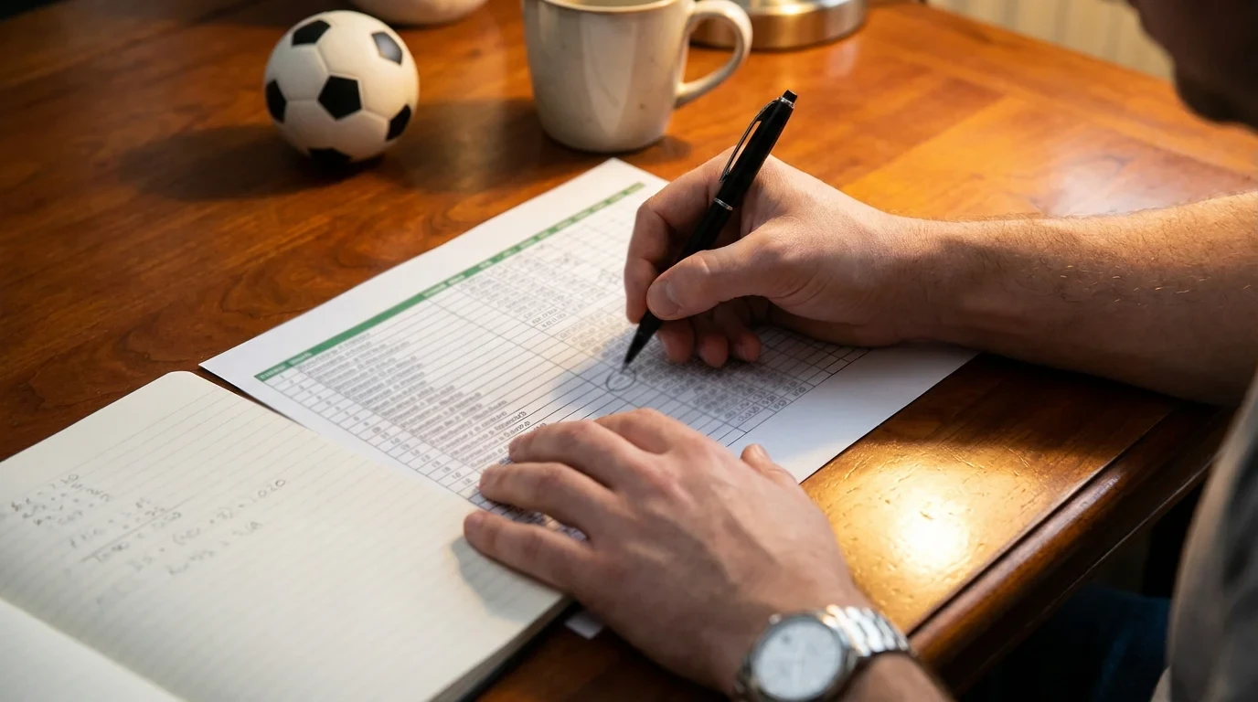 Persona che analizza tabelle di numeri su un foglio stampato con penna in mano alla scrivania