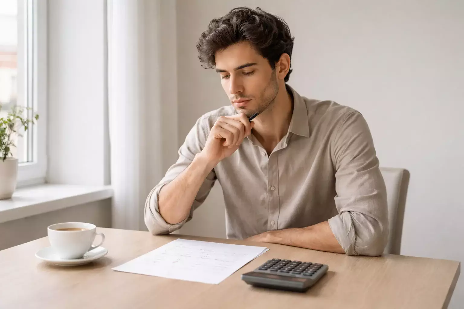 Uomo seduto a scrivania analizza le proprie finanze