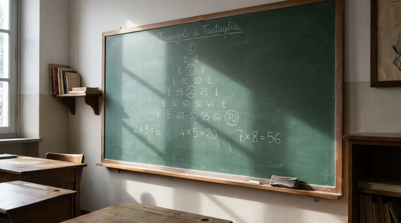 Lavagna con formule matematiche semplici e triangolo di Tartaglia scritti col gesso