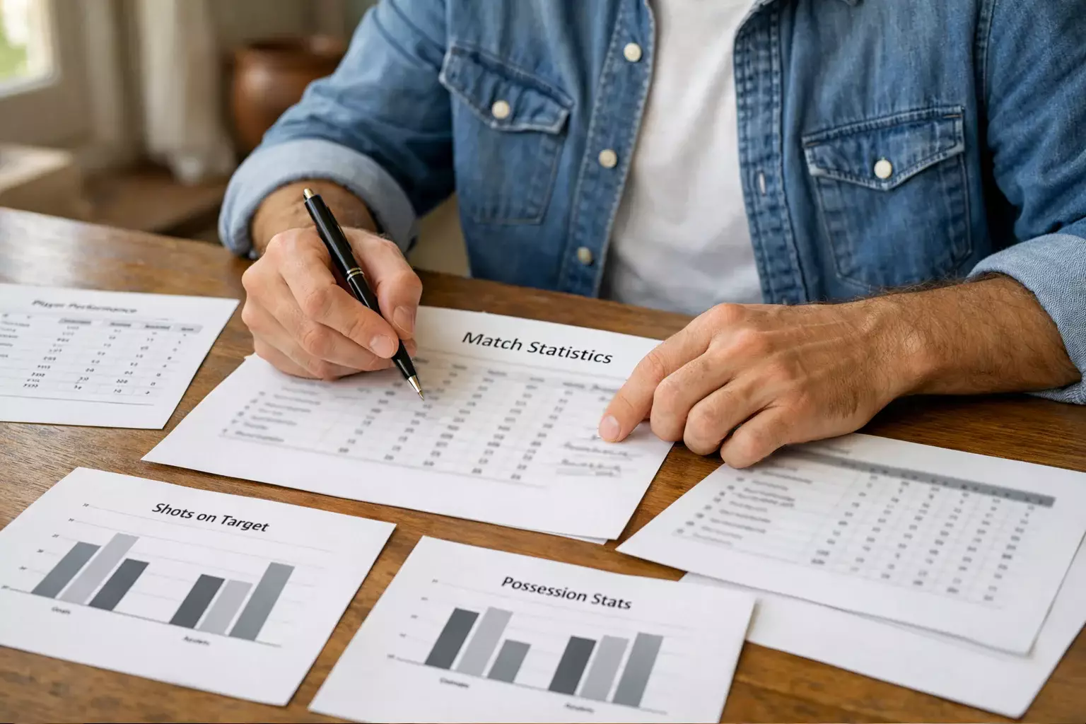 Persona che analizza statistiche calcistiche su fogli di carta con penna in mano