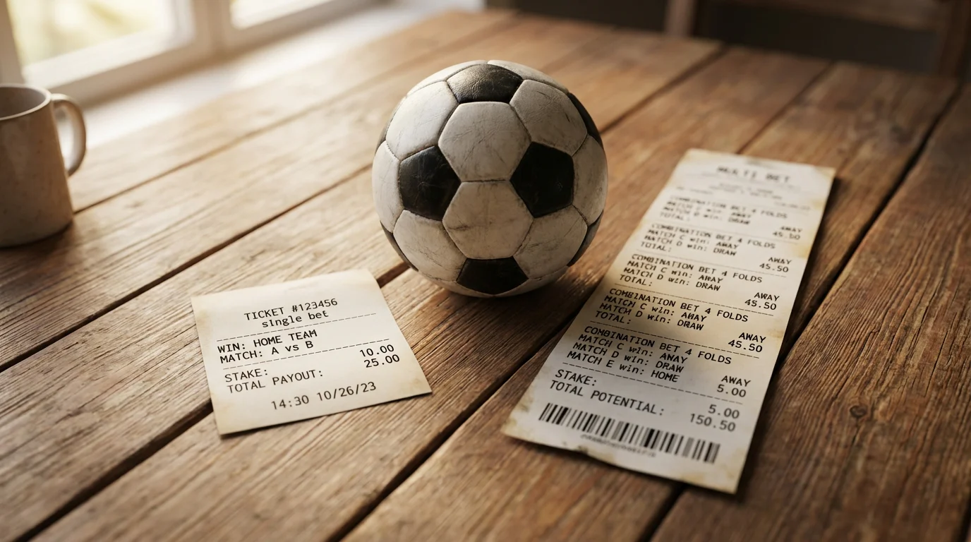 Due schedine di scommesse affiancate su un tavolo con un pallone da calcio sullo sfondo