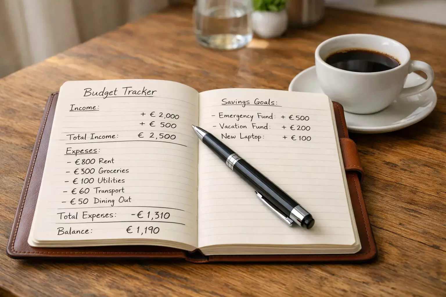 Quaderno aperto con annotazioni di budget e simbolo euro accanto a una tazza di caffè