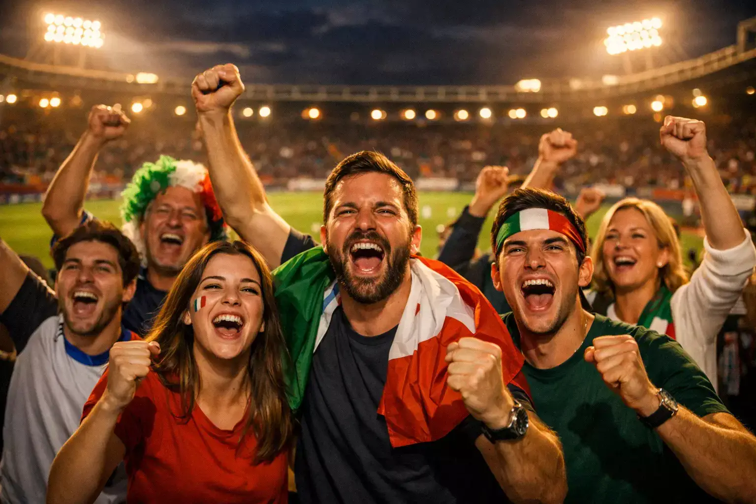 Tifosi che esultano allo stadio di calcio durante una partita serale sotto le luci dei riflettori