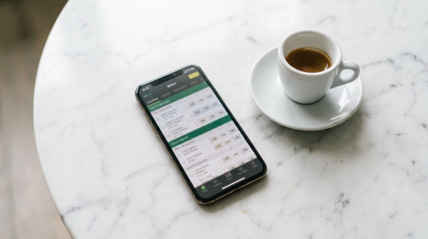 Smartphone appoggiato su un tavolo con schermo che mostra una lista di partite di calcio