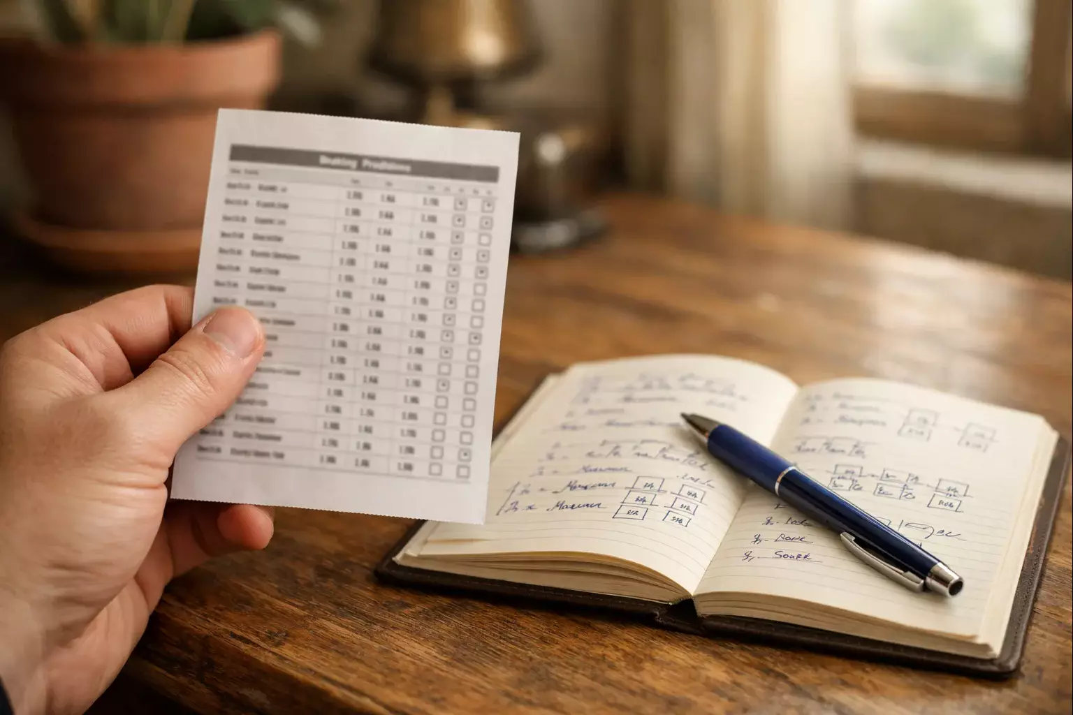 Mano che tiene una schedina cartacea con pronostici di calcio accanto a un blocco note con appunti