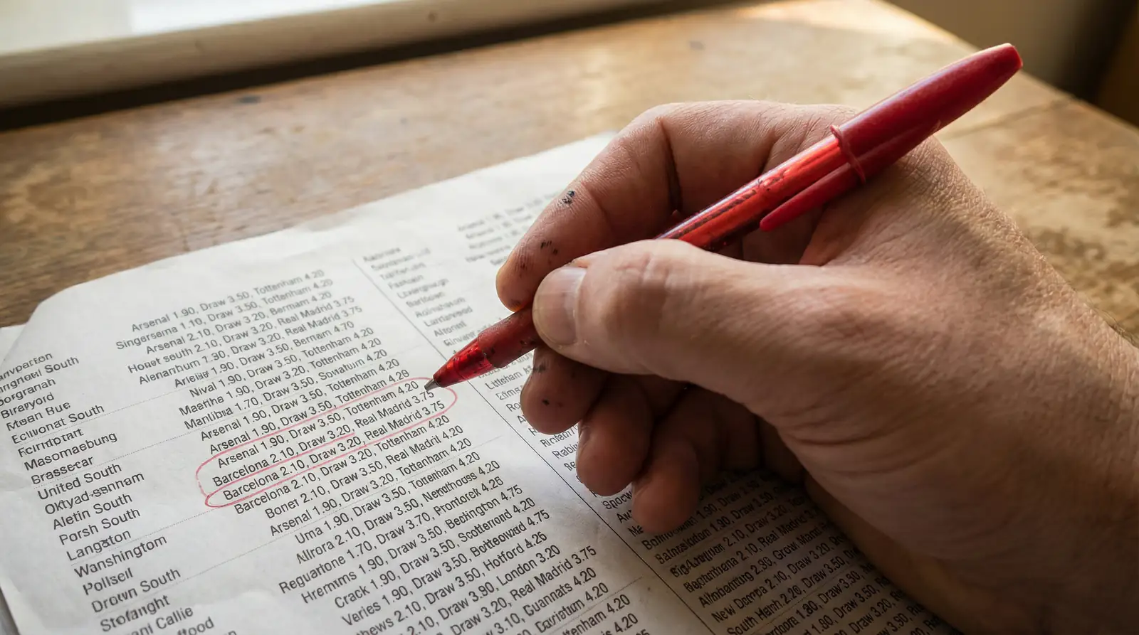 Mano che cerchia con una penna rossa alcune righe su un foglio di quote stampate