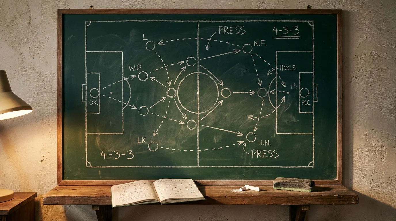 Lavagna con schema tattico di calcio e appunti scritti a mano accanto al campo