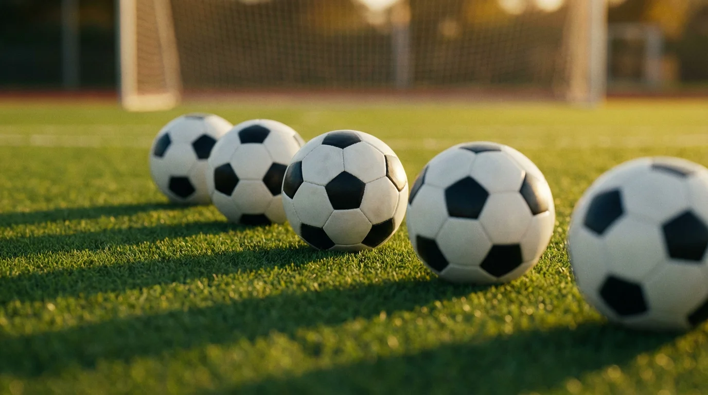 Cinque palloni da calcio allineati su un campo verde con rete della porta sullo sfondo