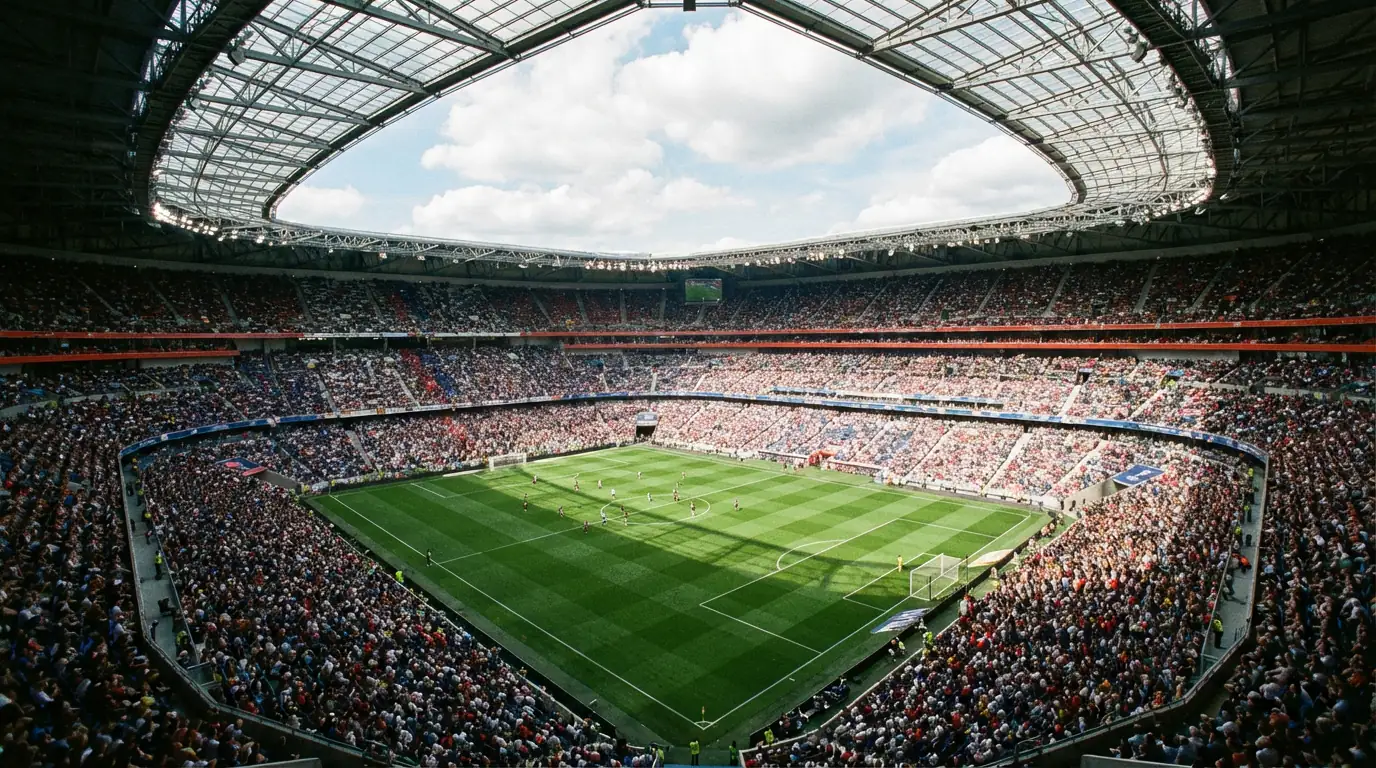 Panoramica di un grande stadio di calcio pieno di spettatori visto dalle tribune alte