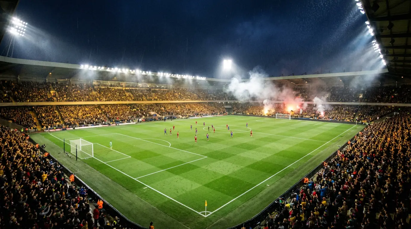 Vista dall'alto di uno stadio di calcio illuminato durante una partita serale
