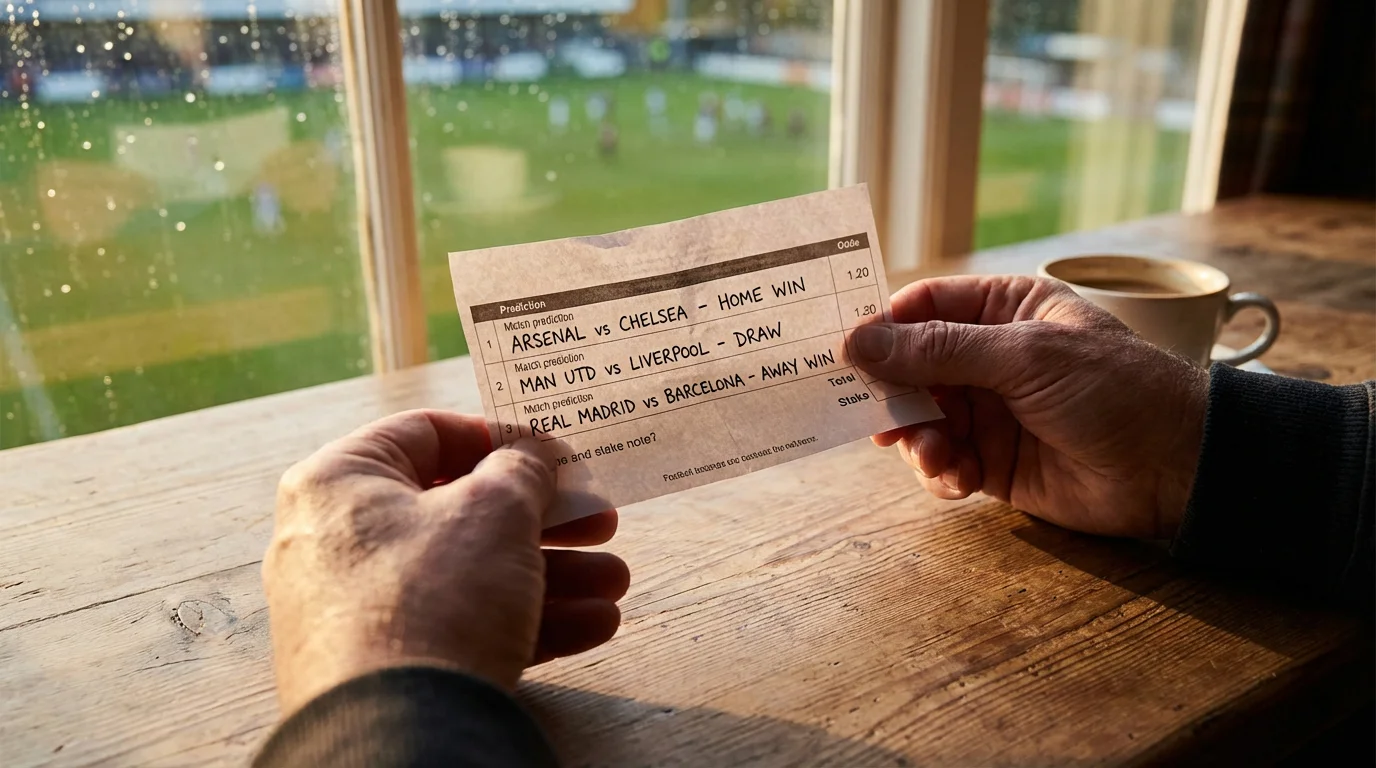 Schedina di scommesse sportive su un tavolo accanto a un campo da calcio illuminato