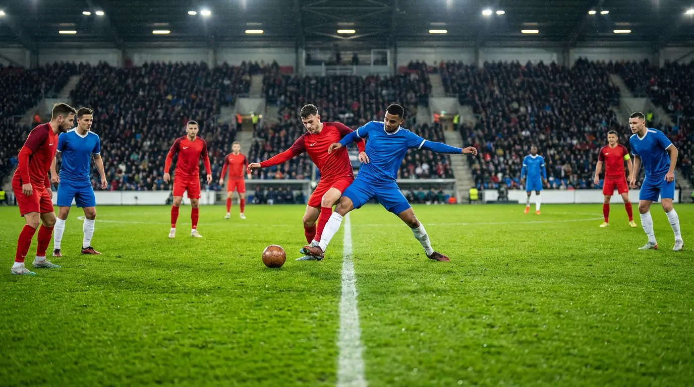 Due squadre di calcio in campo durante una partita equilibrata in uno stadio affollato