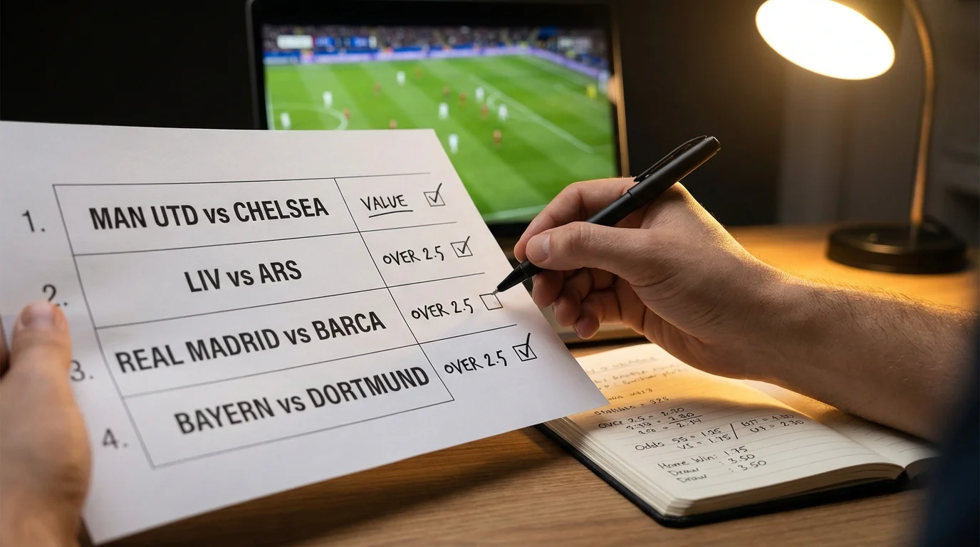 Mano che analizza una schedina con quattro partite di calcio su un tavolo da studio