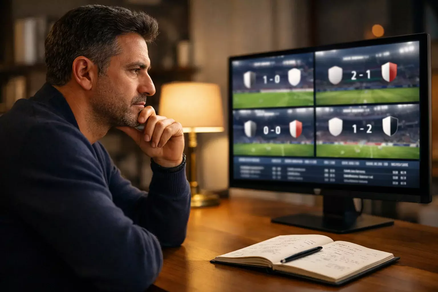 Scommettitore esperto studia partite di Champions League su monitor