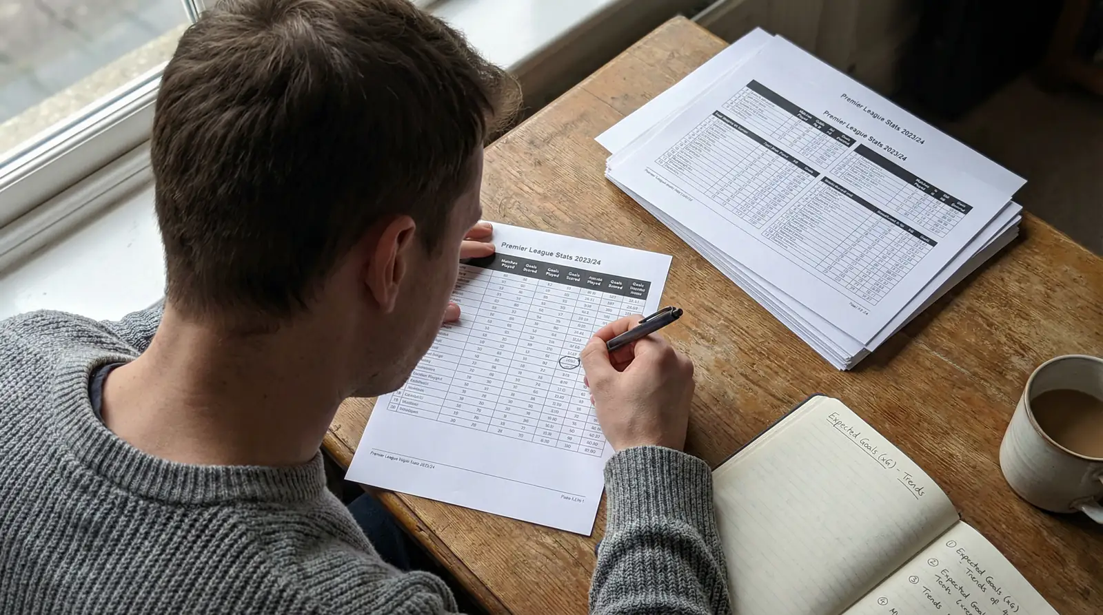 Persona che studia statistiche di calcio con appunti e penna su una scrivania ordinata