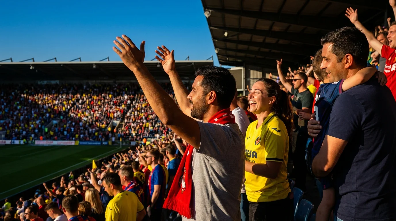 Tifosi di calcio che esultano sugli spalti di uno stadio durante il giorno