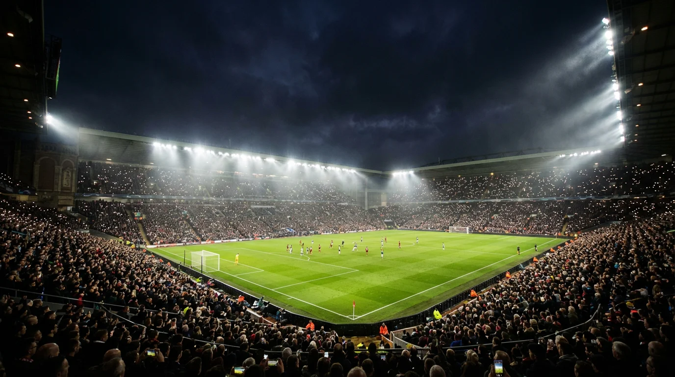 Stadio europeo di notte illuminato dai riflettori durante una partita di Champions League