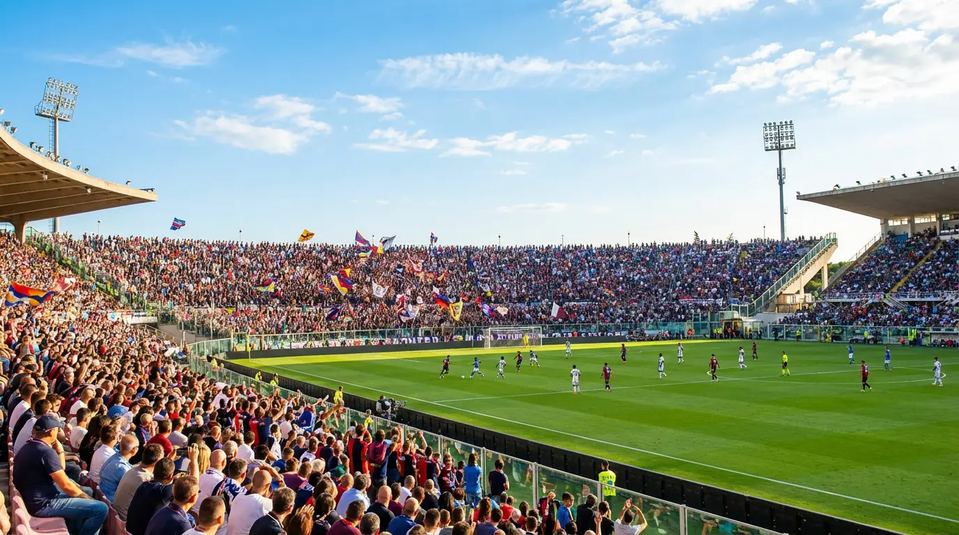 Campo da calcio di Serie A visto dalla tribuna con spalti pieni durante una partita diurna