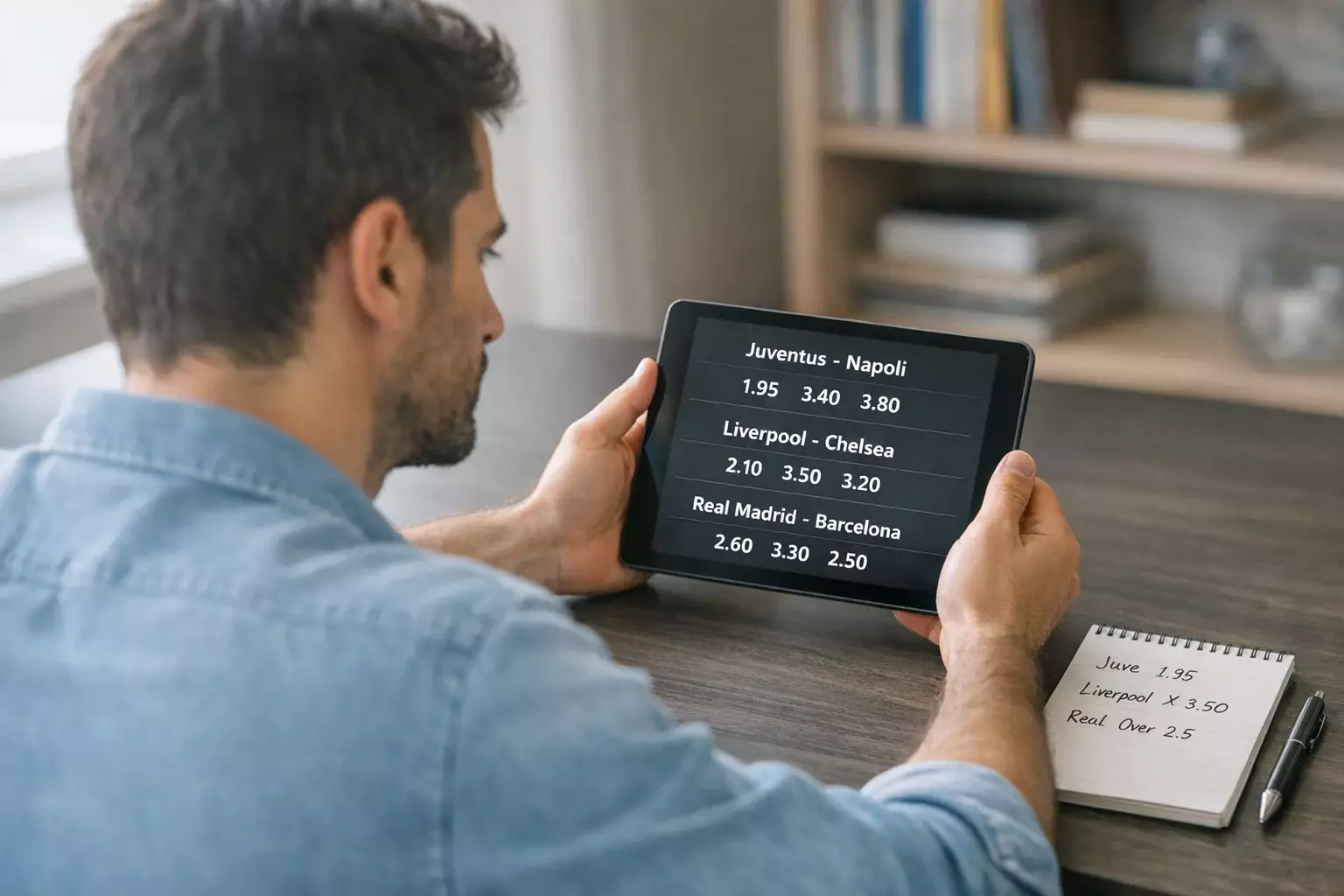 Scommettitore analizza schedina con tre partite di calcio su tablet