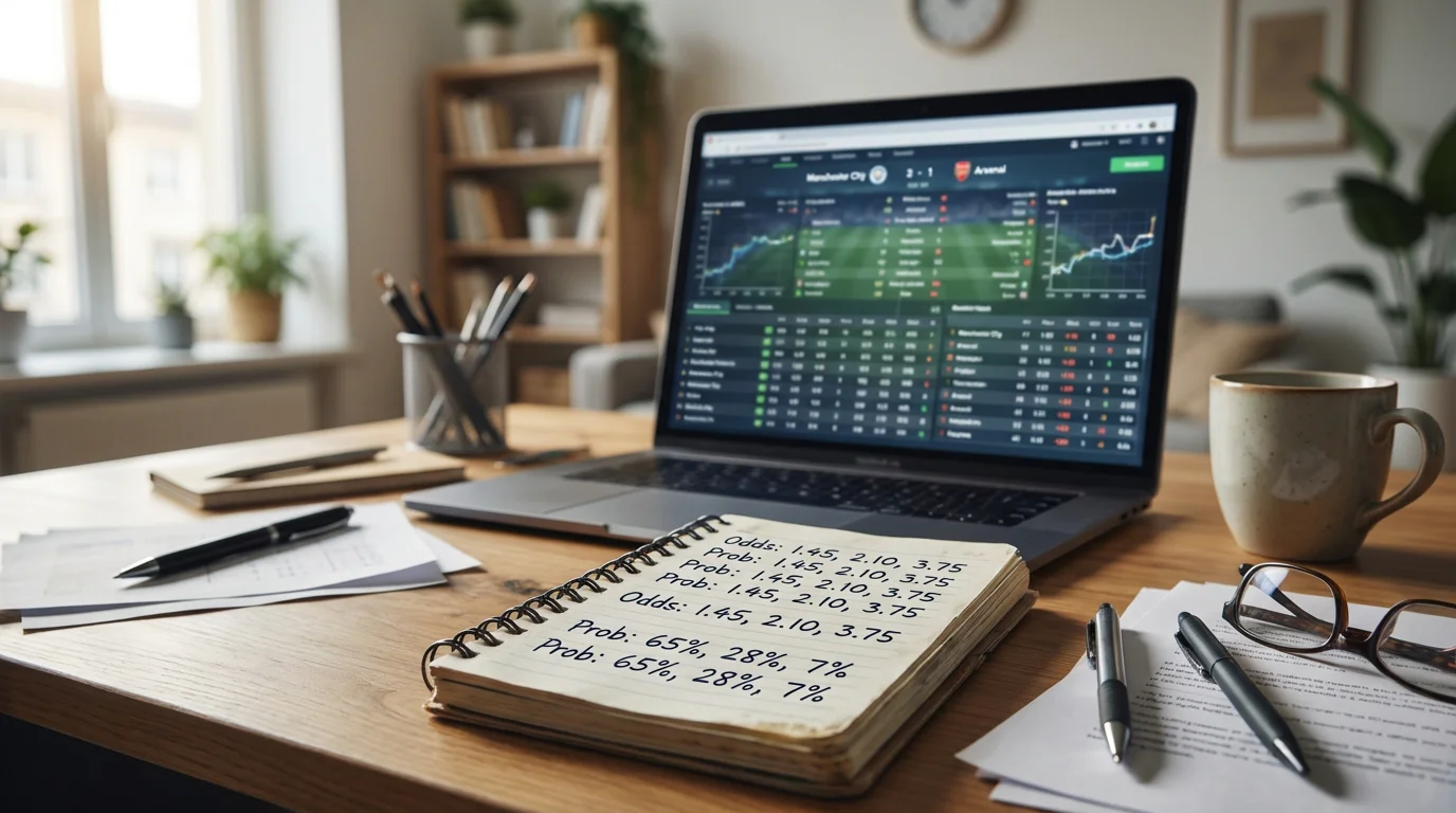 Schermo di un laptop che mostra dati statistici di calcio con taccuino aperto di fianco